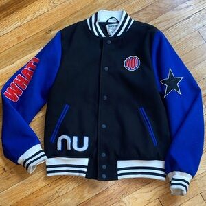 Nununu Black and Blue Bomber Jacket with Patches